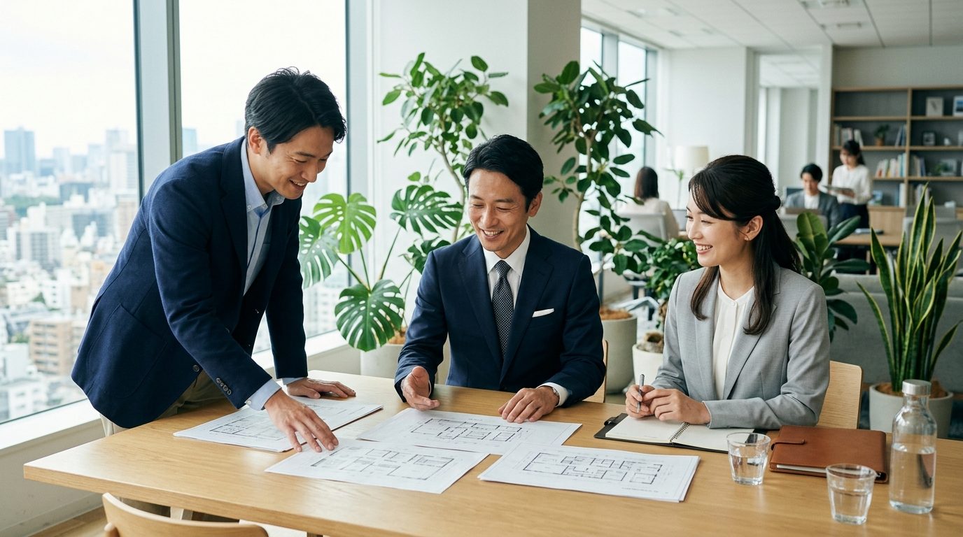 計画を囲んで話し合う3人