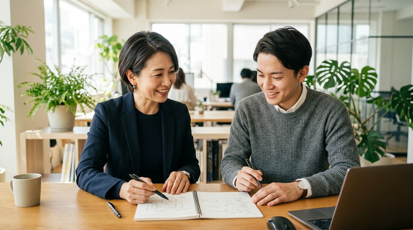 先輩エンジニアが若手に教える様子